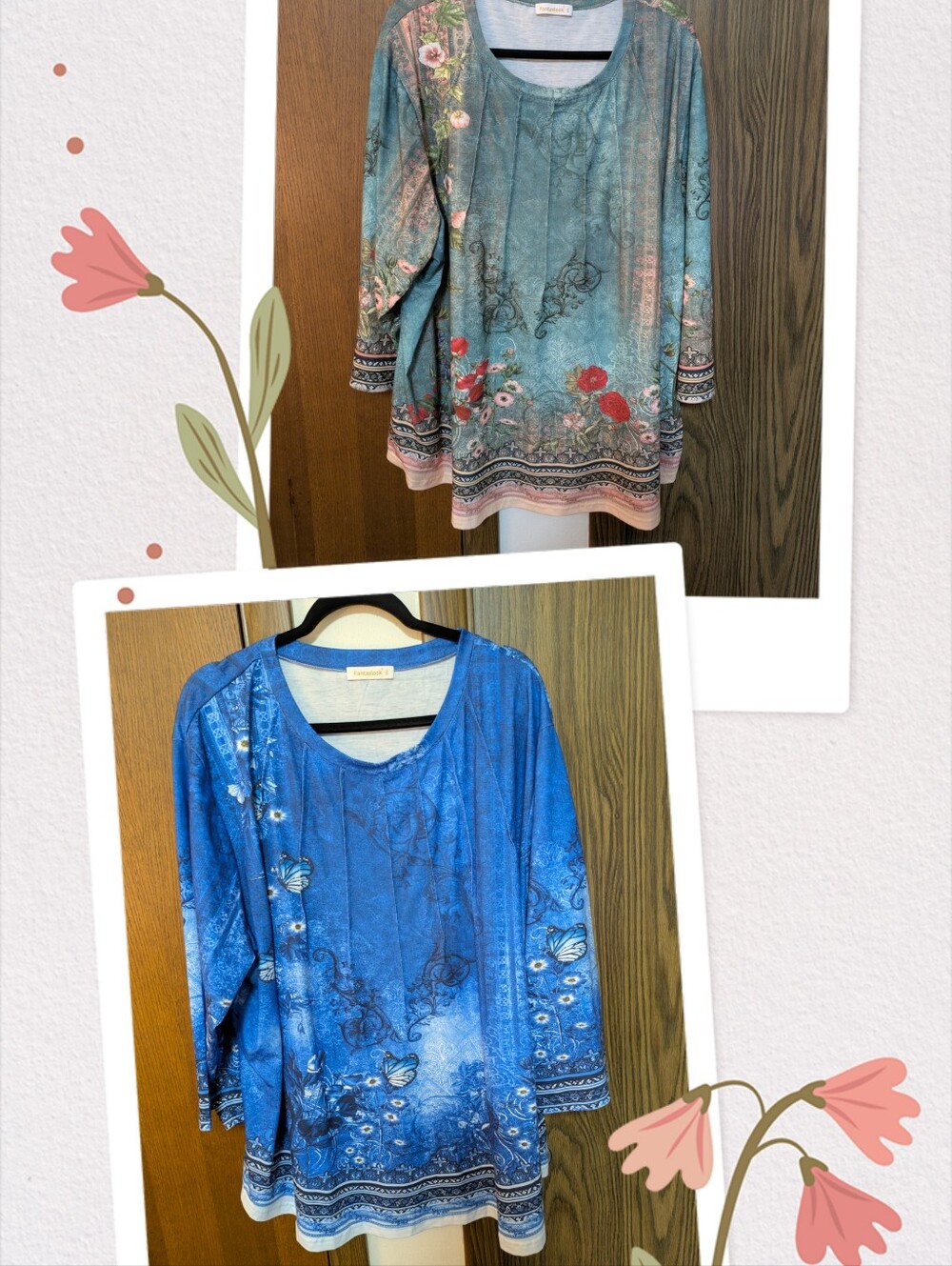 Two Floral Border Print 3/4 Sleeve Tops - Blue/Green